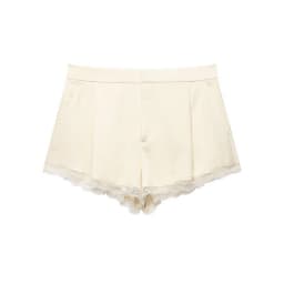 European and American style spring new women's casual style front pleated mid waist lace embellished satin texture shorts