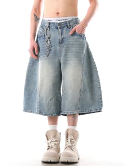 Summer American Streetwear Vintage Washed Denim Shorts Men's Loose Wide Leg Seven-Foot Jeans Trendy Casual Straight Leg Jeans