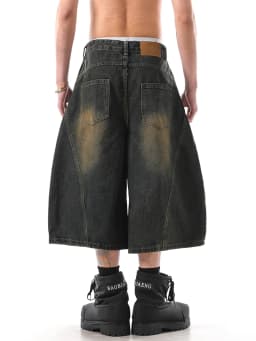 Summer American Streetwear Vintage Washed Denim Shorts Men's Loose Wide Leg Seven-Foot Jeans Trendy Casual Straight Leg Jeans