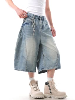 Summer American Streetwear Vintage Washed Denim Shorts Men's Loose Wide Leg Seven-Foot Jeans Trendy Casual Straight Leg Jeans