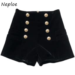 Neploe High Waist Gold Velvet Wide Leg Shorts Chic Double Breasted Zip Bottoms Autumn Winter Fashion All-match Casual Ropa Mujer