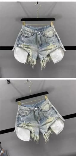 Korean Vintage Blue Sexy Ripped Jeans for Women Patchwork A-line High-waisted Denim Ultra Shorts