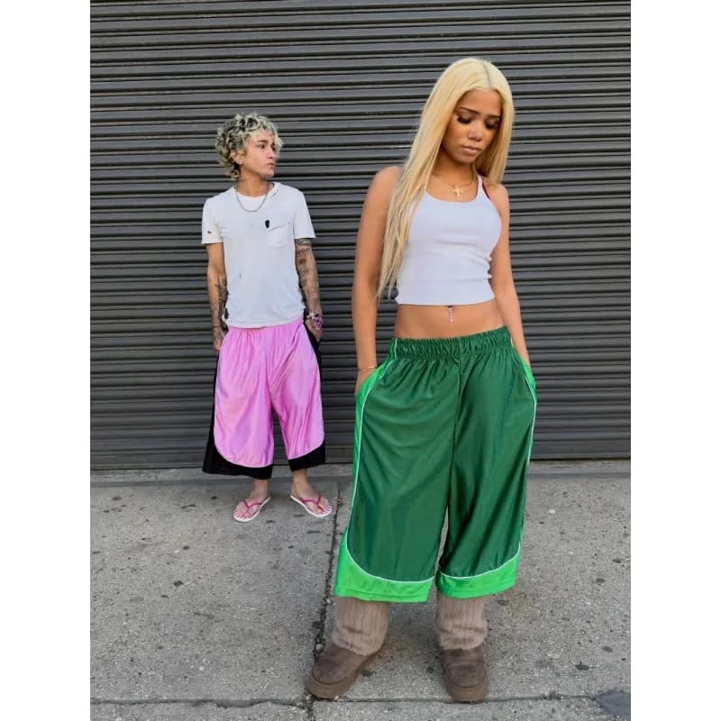 Retro Contrasting Bright Seven inch Mid Length Pants with Drawstring and Elastic Waistband, Wide Legs, Loose Fit Sports Shorts