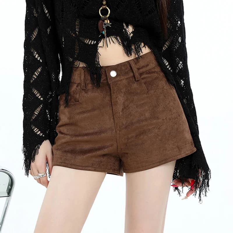 Vintage Faux Suede Shorts Women Hottie High Waist Sexy Shorts Autumn Winter Retro Solid Slim All Match Streetwear Female Shorts