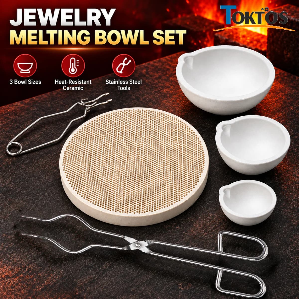 TOKTOS 6PCS Jewelry Melting Kit Ceramic Crucibles Melting Bowls Tongs Soldering Board for Gold Silver Casting Jewelry Making