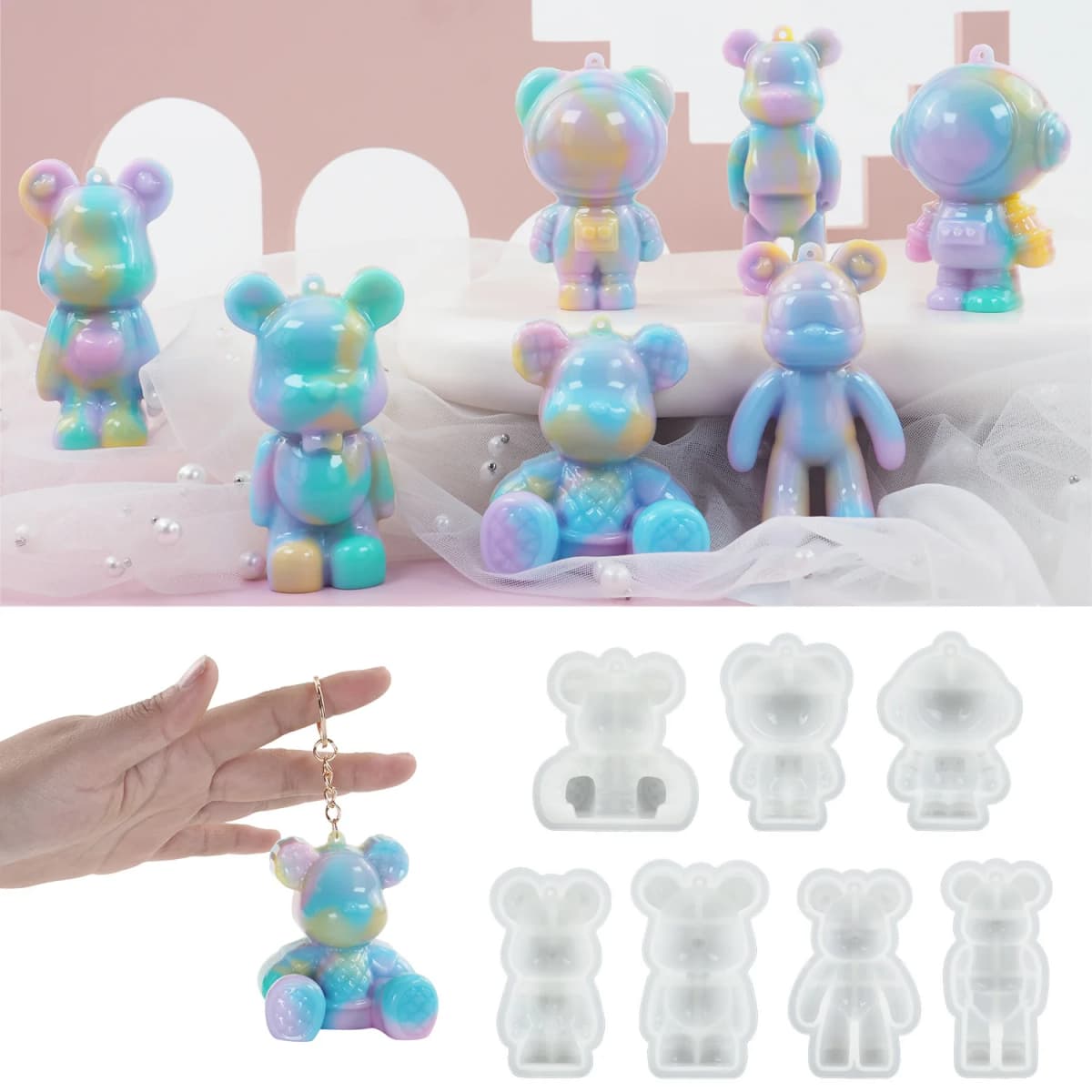 DIY Crystal Epoxy Silicone Mold Cute Sitting Stand Bear KeyChain with Hole Jewelry Pendant Mirror Silicone Resin Mold