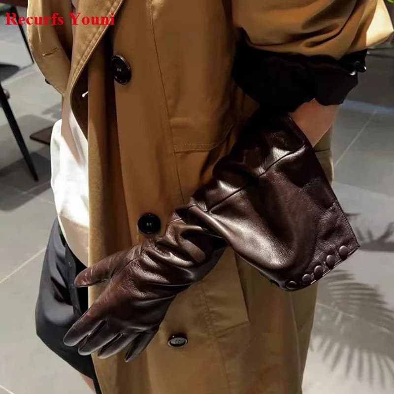 Ladies' Winter Warm Touchscreen Korean Medium-length Leather Gloves with Velvet Lining Women 45 cm Long Single-breasted Luvas