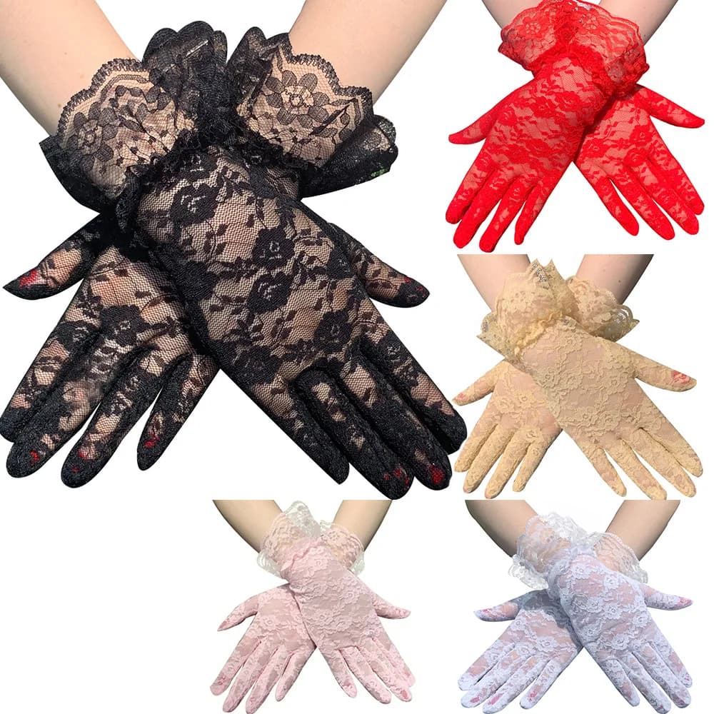New Lace Full Finger Party Short Gloves For Women Girls Kids Black Solid Knitted Mittens Outdoor Dance Dress Up Bride's Gloves