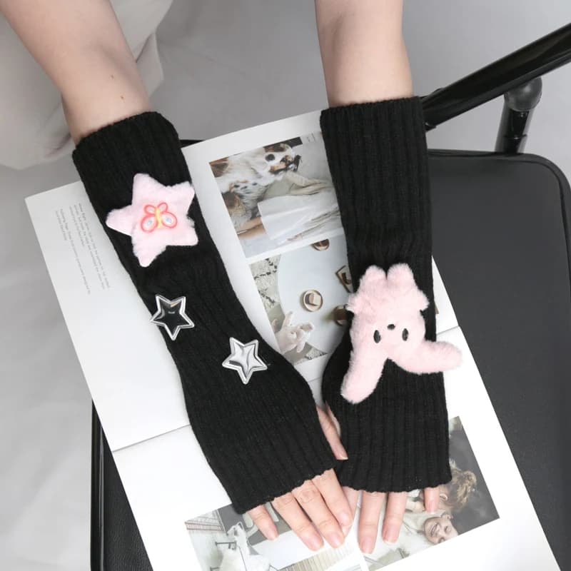 1 Pair of Girls Cute Fingerless Gloves with Star Decoration Fashionable Accessory Gloves Casual Long Wrist Punk Gothic Gloves