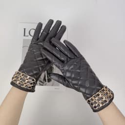 Women Black Chain Thickened Plush Inside Grid PU Artificial Leather Glove Sexy Female Nightclub Dance Punk Performance Mitten