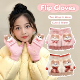 Korean Cute Kids Cartoon Cat Bow Flip Plush Mittens 6-12 Years Old Children Winter Warm Convertible Half Finger Writing Gloves