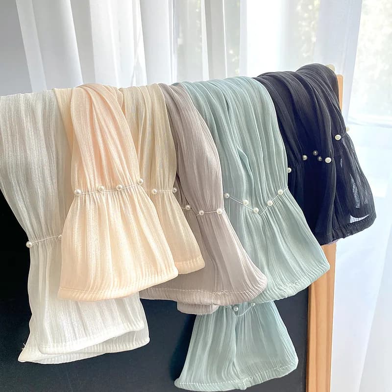 Women Summer Ice Silk Sunscreen Long Sleeves Fingerless Gloves Elegant Pearl Decoration High Elasticity Thin Driving Cycling