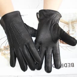 New Deerskin Gloves Men's Leather Outer Stitched Striped Retro Motorcycle Riding Driving Autumn and Winter Wool Knitted Lining