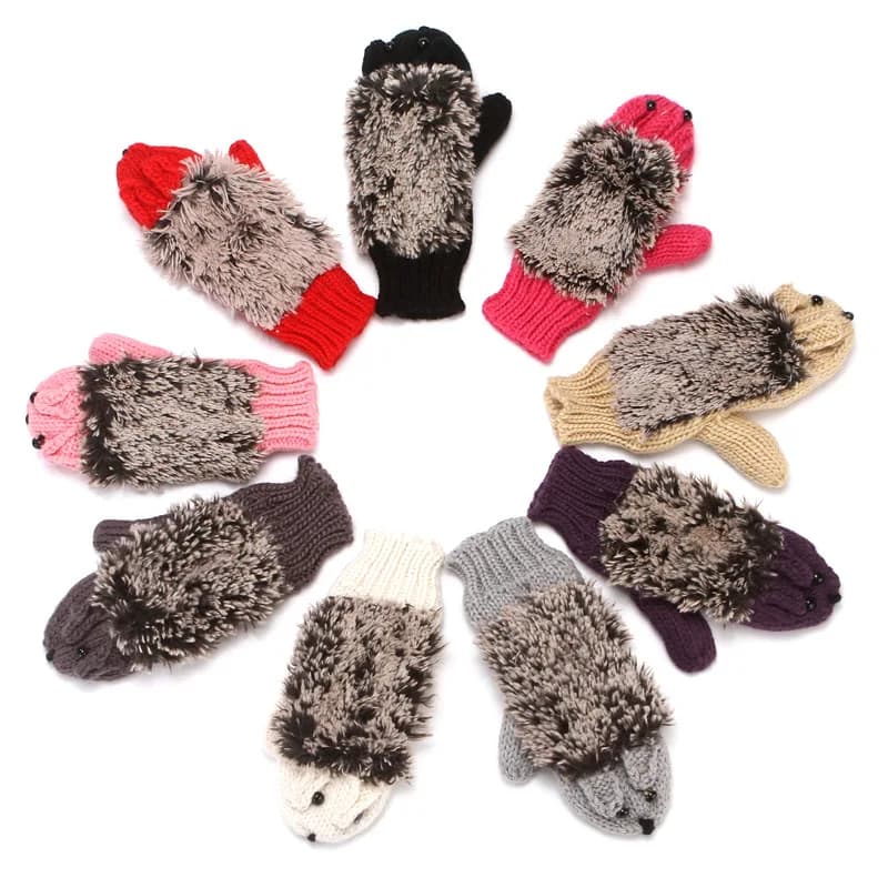 Women Ski Cartoon Hedgehog Fingers Gloves Thicken Winter Hand Warmer Knit Wrist Mittens Student Cute Girl Birthday Present