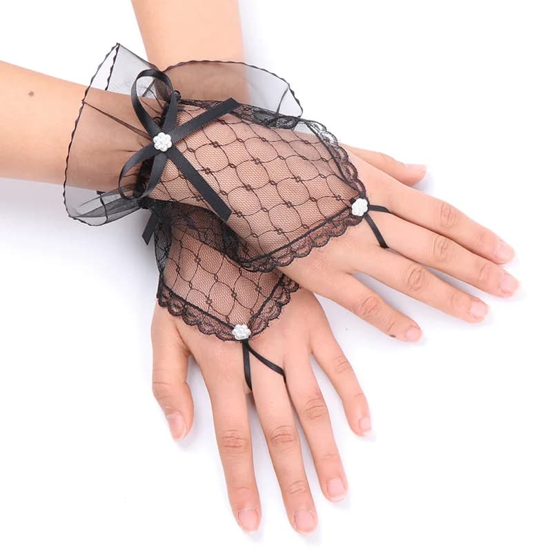 Women Sexy Lace Short Hollow Transparent Lattice Bow Mesh Half Full Finger Mittens Gloves Halloween Lolita Cosplay Etiquette