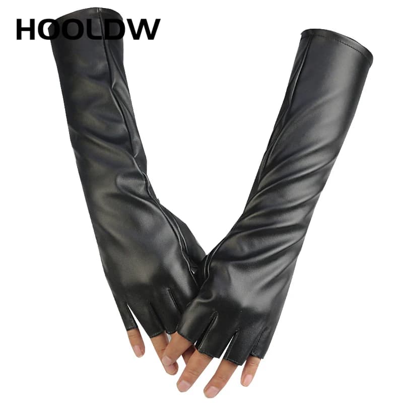 Fashion Winter Half Finger Gloves Women Dancing Party Show Long Elbow PU Leather Gloves Outdoor Hiking Driving Gloves Mittens
