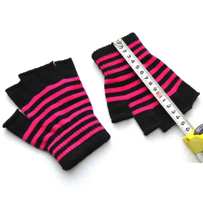 1Pair Black Red Stripe Half Finger Fingerless Gloves for Women Men Knit Wrist Winter Warm Outdoor Gothic Lolita Style Mittens