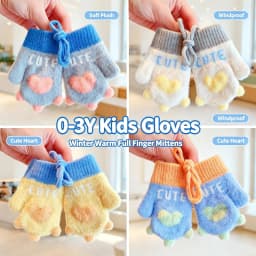 Baby Winter Mittens Soft Plush Color Block Toddler Gloves Anti‑lost Lanyard 3D Heart Decor Elastic Rib Cuff Windproof Warm 2026