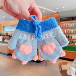 Baby Winter Mittens Soft Plush Color Block Toddler Gloves Anti‑lost Lanyard 3D Heart Decor Elastic Rib Cuff Windproof Warm 2026