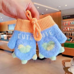 Baby Winter Mittens Soft Plush Color Block Toddler Gloves Anti‑lost Lanyard 3D Heart Decor Elastic Rib Cuff Windproof Warm 2026