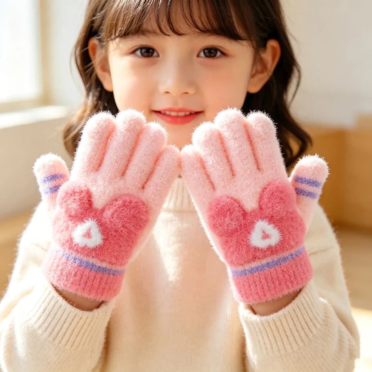 3-6 Years Winter Fuzzy Plush Gloves 3D Plush Animal Ears Color‑Block Windproof Warm Full Finger Gloves For Toddler Boys Girls