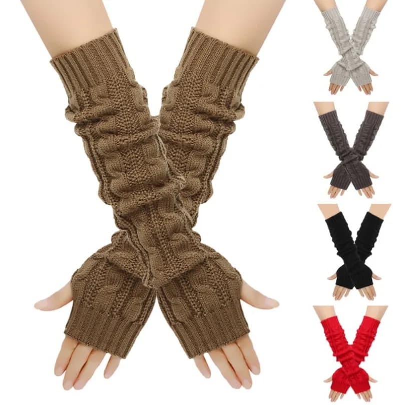 Women Knitted Gloves Winter Long Arm Warmers Cover Sleeves Fingerless Half Finger Mittens Solid Soft Gloves Wool Twisting Cuffs