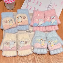 4-7Y Girls Winter 2 in 1 Convertible Flip Gloves Cute 3D Cat Decor Knitted Plush Gloves Kids Paw Print Windproof Thermal Mittens