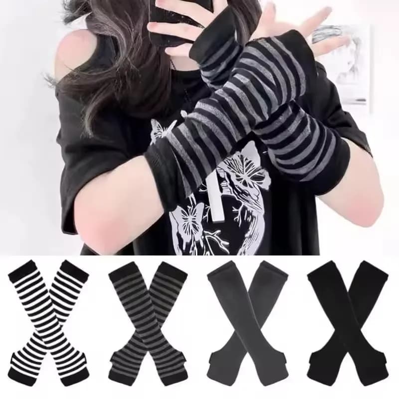 Y2K Striped Long Sleeves Arm Warmers Spring Autumn Women Party Gothic Fingerless Hip-Hop Knitted Soft Elastic Punk Arm Sleeves