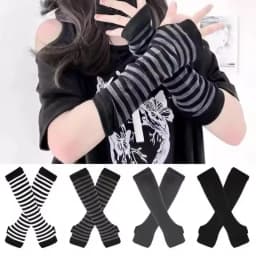 Y2K Striped Long Sleeves Arm Warmers Spring Autumn Women Party Gothic Fingerless Hip-Hop Knitted Soft Elastic Punk Arm Sleeves