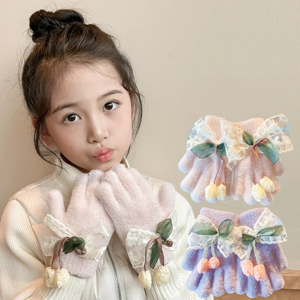 Kids Lace Bow Plush Full Finger Gloves For Girls Cute Flower Bud Decor Girls Winter Warm Windproof Faux Mink Fur Kawaii Gloves