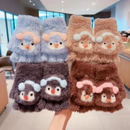 Cute Cartoon Animal Plush Flip Gloves Faux Mink Fur Convertible Half Finger Mittens Soft Warm Winter Gloves For Girls Boy Daily