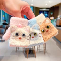 0-3Y Korean Fashion Cartoon Cat Flip Half Finger Gloves For Girls Winter Warm Plush Convertible Mittens Baby Kids Thermal Gloves