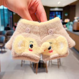 0-3Y Korean Fashion Cartoon Cat Flip Half Finger Gloves For Girls Winter Warm Plush Convertible Mittens Baby Kids Thermal Gloves