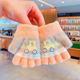 0-3Y Korean Fashion Cartoon Cat Flip Half Finger Gloves For Girls Winter Warm Plush Convertible Mittens Baby Kids Thermal Gloves