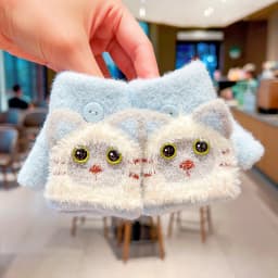 0-3Y Korean Fashion Cartoon Cat Flip Half Finger Gloves For Girls Winter Warm Plush Convertible Mittens Baby Kids Thermal Gloves