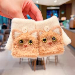0-3Y Korean Fashion Cartoon Cat Flip Half Finger Gloves For Girls Winter Warm Plush Convertible Mittens Baby Kids Thermal Gloves