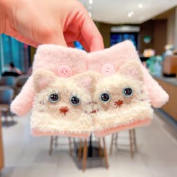 0-3Y Korean Fashion Cartoon Cat Flip Half Finger Gloves For Girls Winter Warm Plush Convertible Mittens Baby Kids Thermal Gloves
