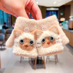 0-3Y Korean Fashion Cartoon Cat Flip Half Finger Gloves For Girls Winter Warm Plush Convertible Mittens Baby Kids Thermal Gloves