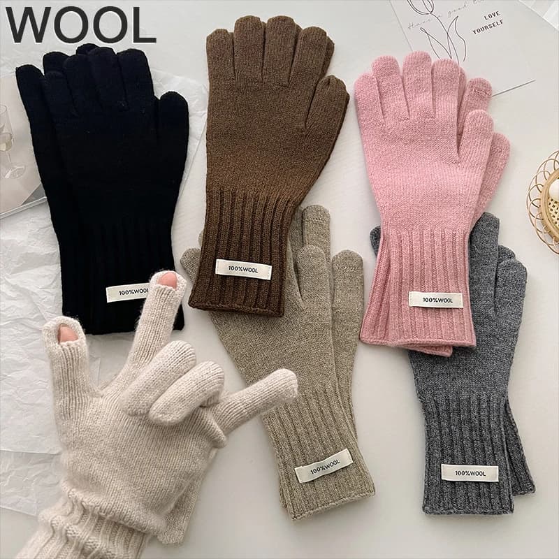 Women 100% Wool Knitted Warm Gloves Autumn Winter Fingerless Gloves Girls Fashion Casual Accessories Mittens Touch Screen Gloves