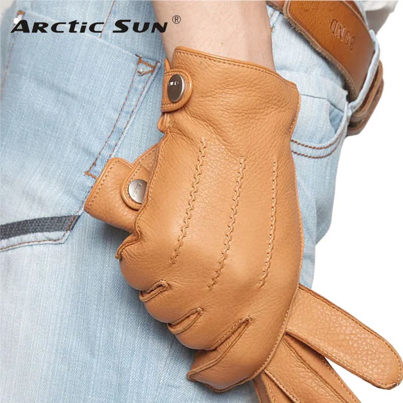 Fashion Luxury Men Deerskin Gloves Button Wrist Solid Genuine Leather Male Winter Driving Glove Em012wr