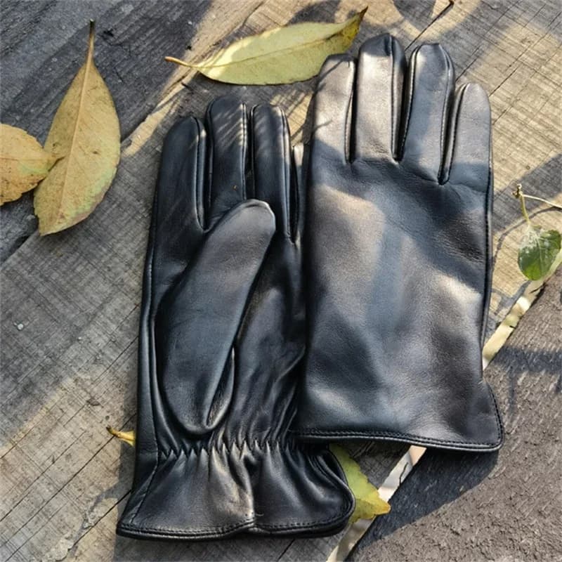 Men's Sheepskin Driving Gloves Solid Color Plus Velvet Touch Screen Fashion Ripple Riding Motorcycle Gloves