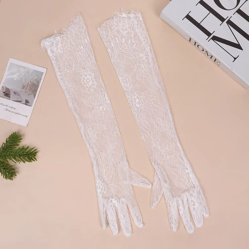 1 Pair Long Length Lace Gloves Thin Material Hollow Out Wedding Gloves Floral Pattern Transparent Opera Gloves Bridal Wedding