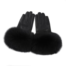 BOONJOVIA Women Genuine Lambskin Leather Gloves With Real Fox Fur Trim Cuff Winter Warm Driving Gloves-Velvet Lined