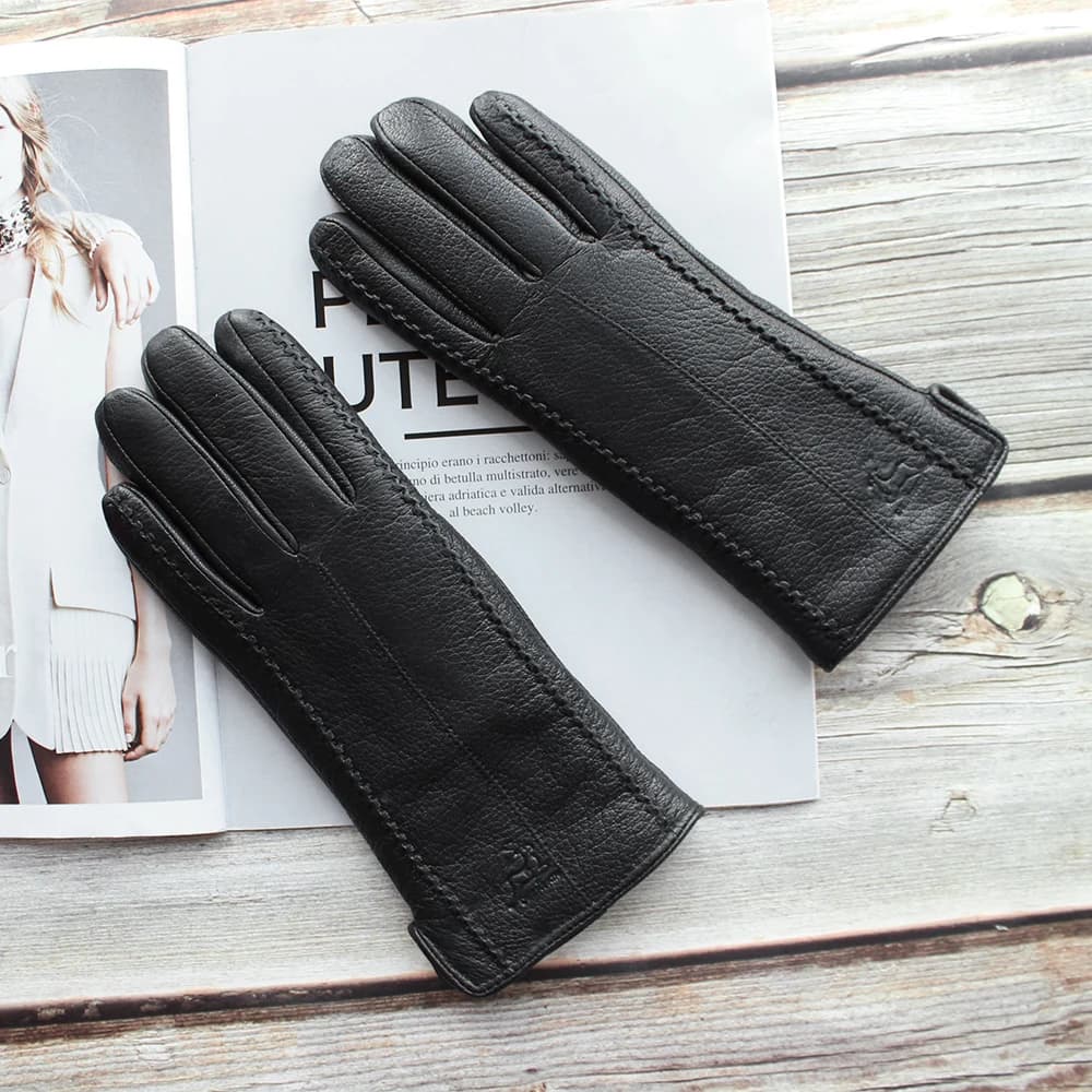 New Women's Black Deerskin Gloves Thick Wool Lining Winter Warm Genuine Leather Gloves Two Styles