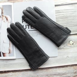 New Women's Black Deerskin Gloves Thick Wool Lining Winter Warm Genuine Leather Gloves Two Styles