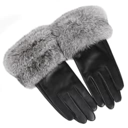 BOONJOVIA Women's Genuine Leather Gloves with Rabbit Fur Trim Cuff Velvet Lined for Cold Weather Driving