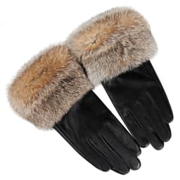 BOONJOVIA Women's Genuine Leather Gloves with Rabbit Fur Trim Cuff Velvet Lined for Cold Weather Driving