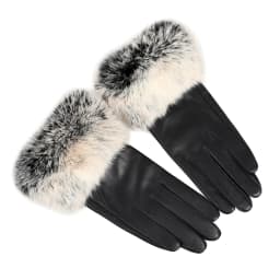 BOONJOVIA Women's Genuine Leather Gloves with Rabbit Fur Trim Cuff Velvet Lined for Cold Weather Driving