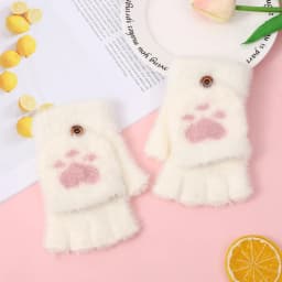 Lovely Plush Cat Mittens Fingerless Gloves Women Winter Warm Rabbit Fur Knit Mittens Flip Half Finger Gloves for Cycling Driving