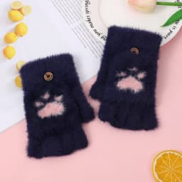 Lovely Plush Cat Mittens Fingerless Gloves Women Winter Warm Rabbit Fur Knit Mittens Flip Half Finger Gloves for Cycling Driving
